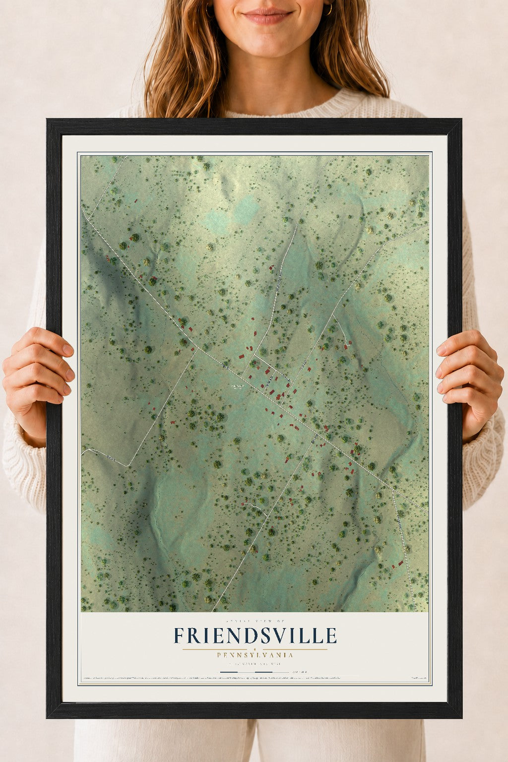 Map of Friendsville, Pennsylvania, 18 x 24 inch print in a black wood frame