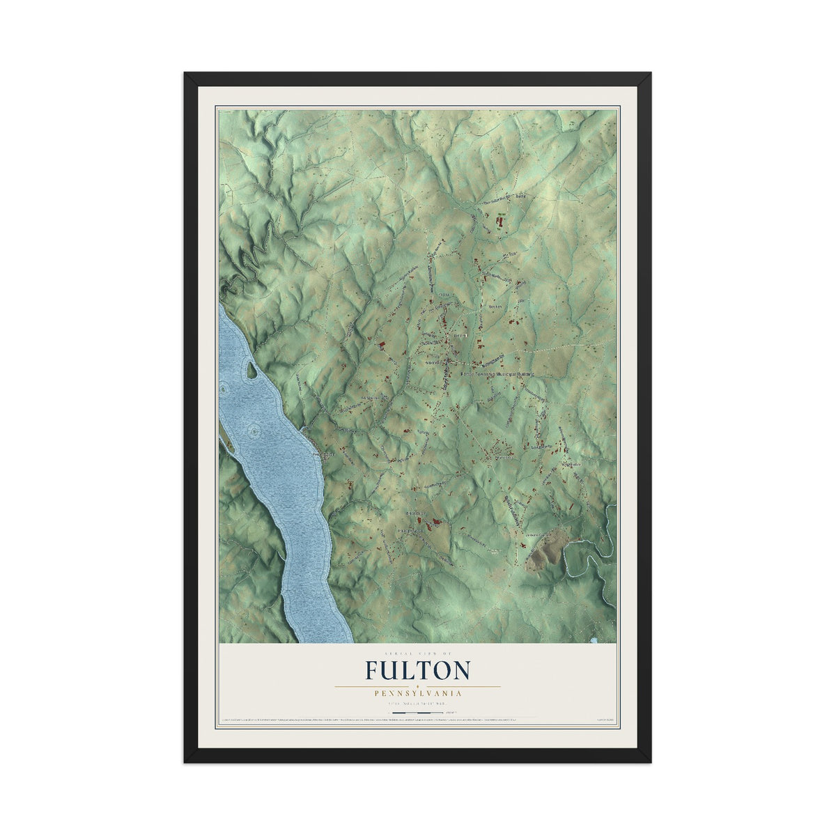 Map of Fulton, Pennsylvania, 12 x 18 inch print in a black wood frame