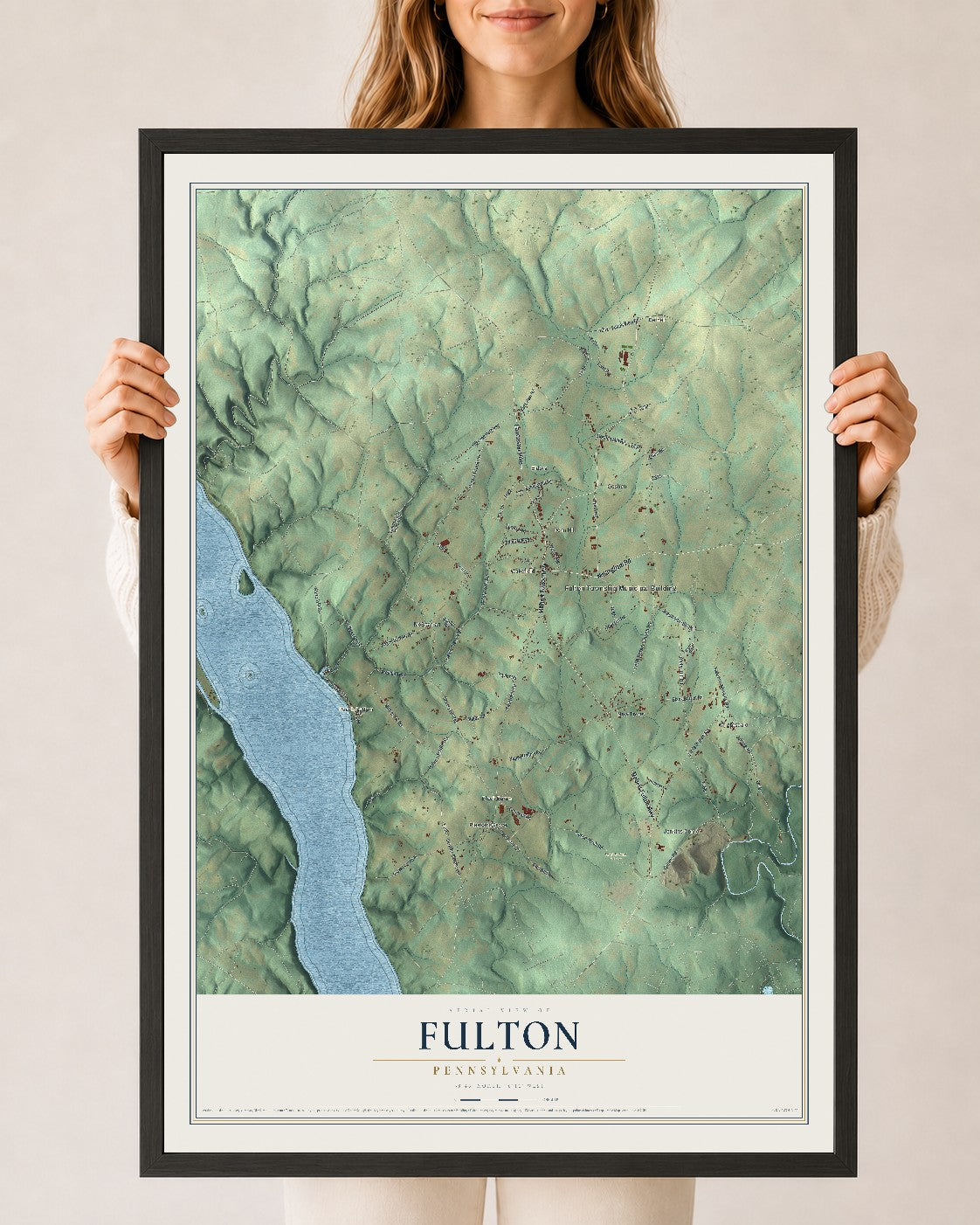 Map of Fulton, Pennsylvania, 24 x 36 inch print in a black wood frame
