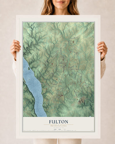 Map of Fulton, Pennsylvania, 24 x 36 inch print in a white wood frame