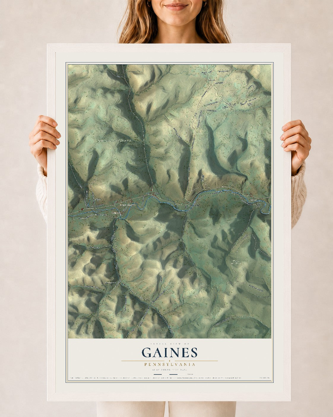 Map of Gaines, Pennsylvania, 24 x 36 inch print in a white wood frame