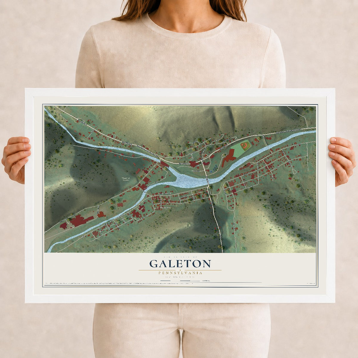 Map of Galeton, Pennsylvania, 12 x 18 inch print in a white wood frame
