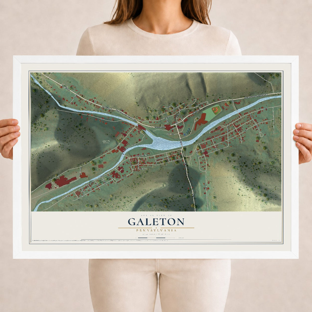 Map of Galeton, Pennsylvania, 18 x 24 inch print in a white wood frame