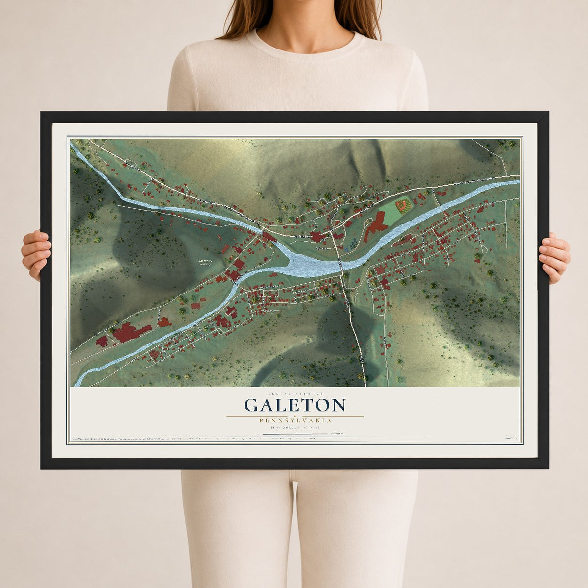 Map of Galeton, Pennsylvania, 24 x 36 inch print in a black wood frame