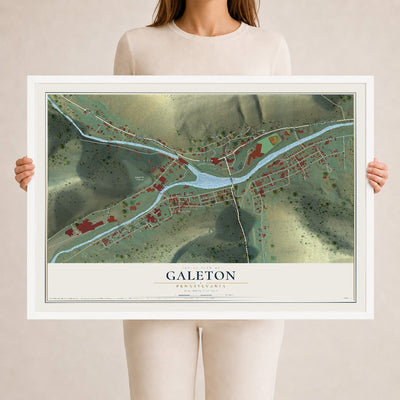 Map of Galeton, Pennsylvania, 24 x 36 inch print in a white wood frame