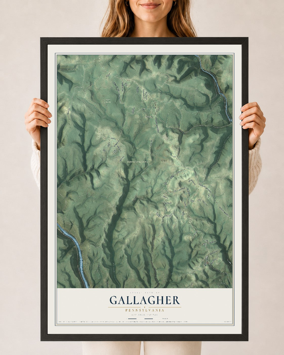 Map of Gallagher, Pennsylvania, 24 x 36 inch print in a black wood frame