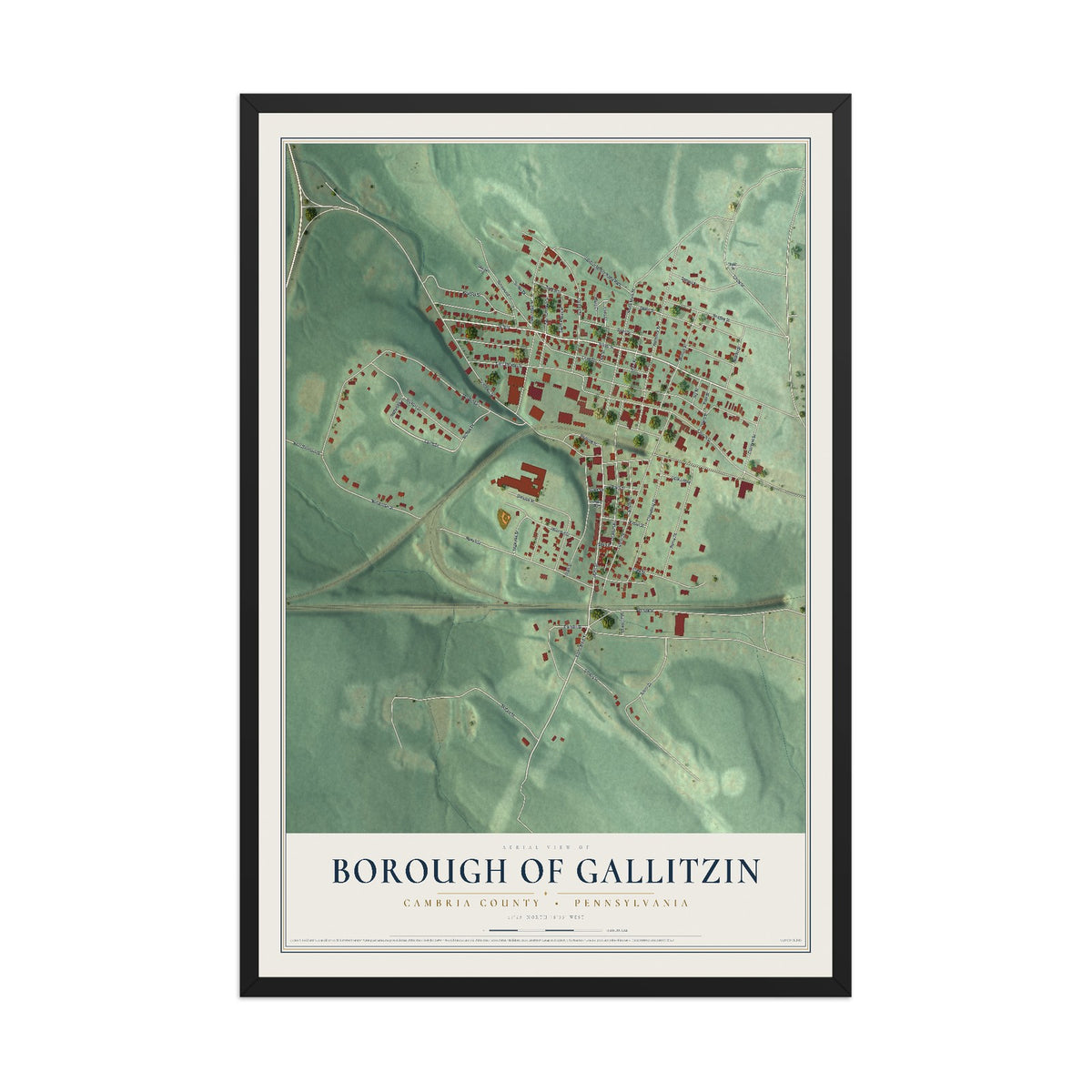 Map of the Borough of Gallitzin, Cambria County, Pennsylvania, 12 x 18 inch print in a black wood frame