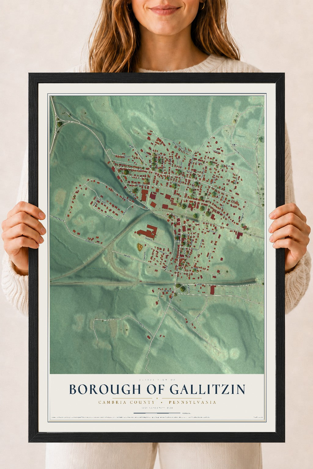Map of the Borough of Gallitzin, Cambria County, Pennsylvania, 18 x 24 inch print in a black wood frame