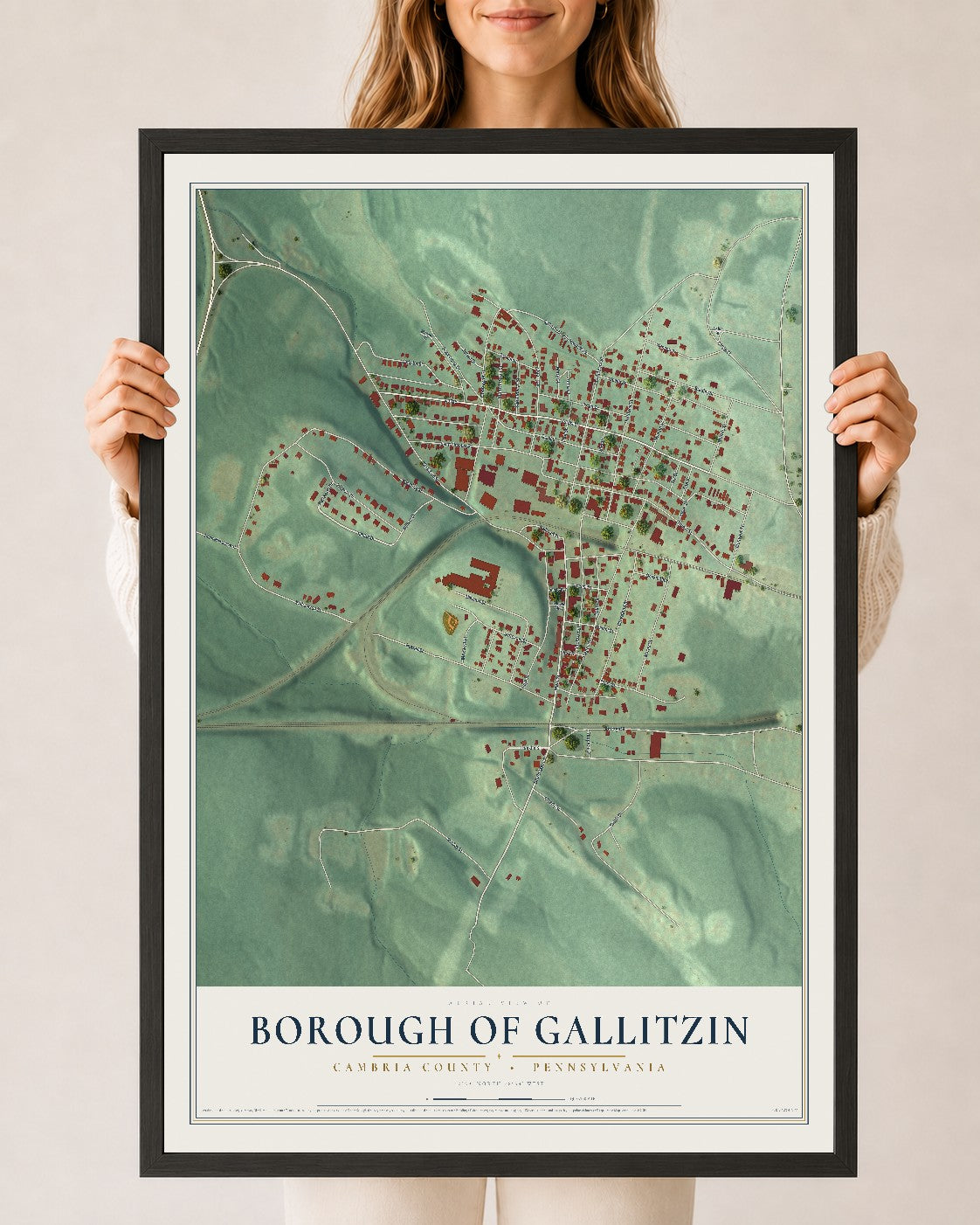 Map of the Borough of Gallitzin, Cambria County, Pennsylvania, 24 x 36 inch print in a black wood frame