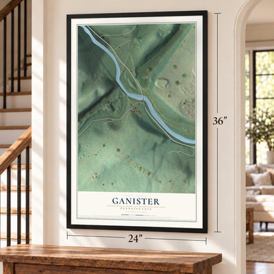 Ganister, Pennsylvania map, 24 x 36 inch print in a black frame by a staircase