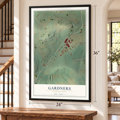 Gardners, Pennsylvania map, 24 x 36 inch print in a black frame by a staircase
