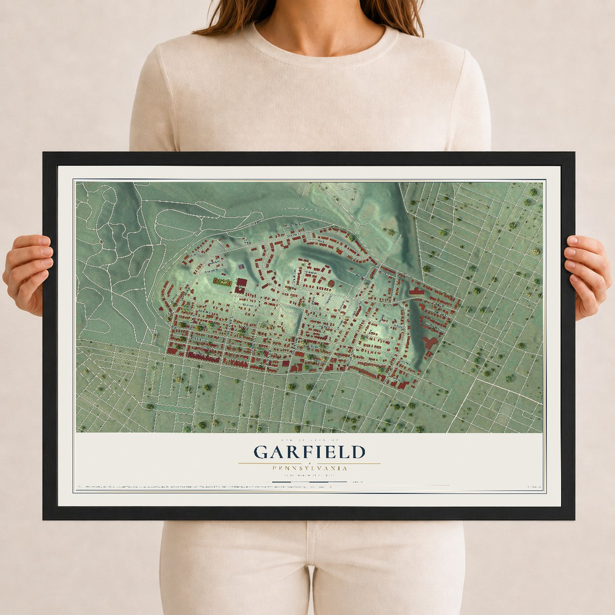 Map of Garfield, Pennsylvania, 12 x 18 inch print in a black wood frame