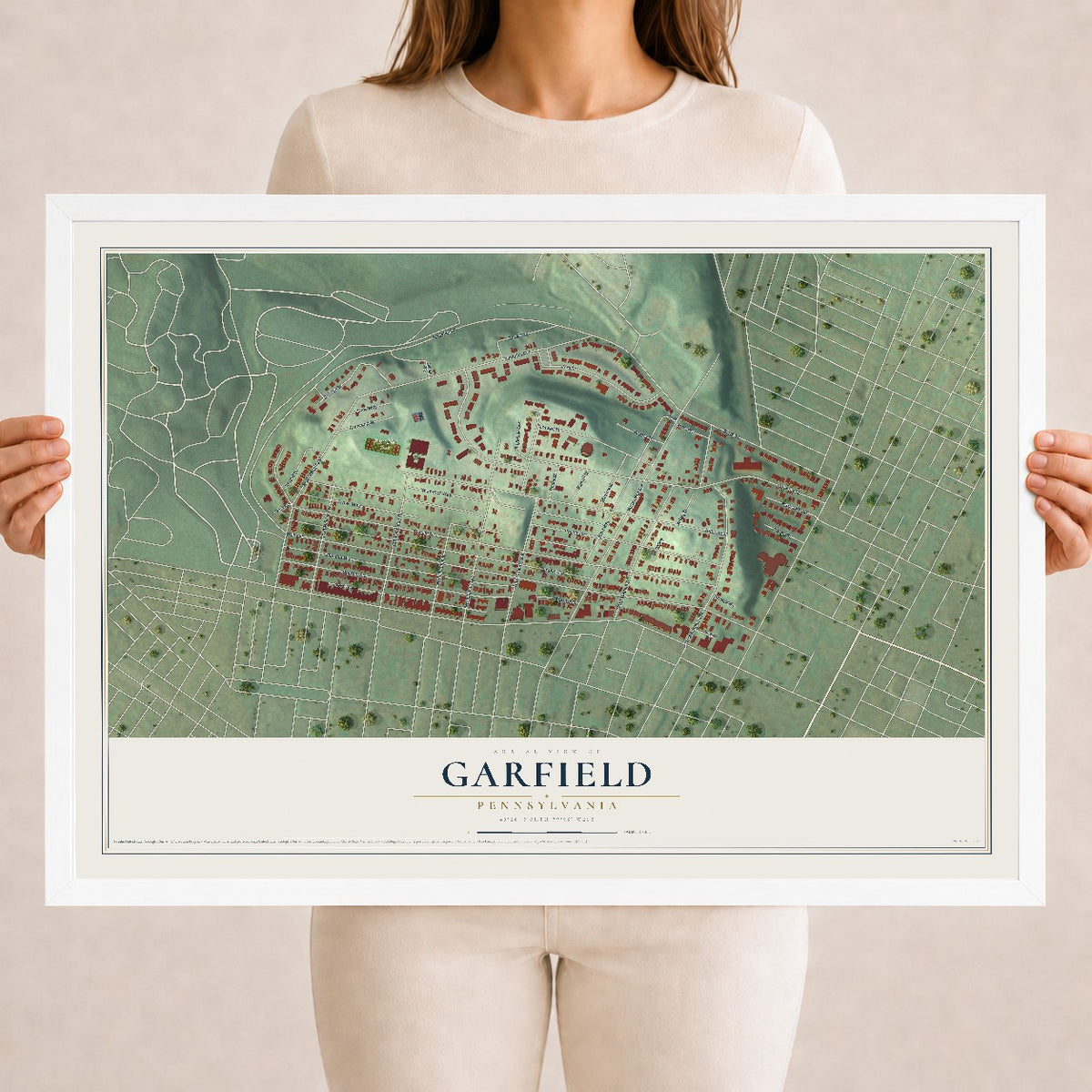 Map of Garfield, Pennsylvania, 18 x 24 inch print in a white wood frame