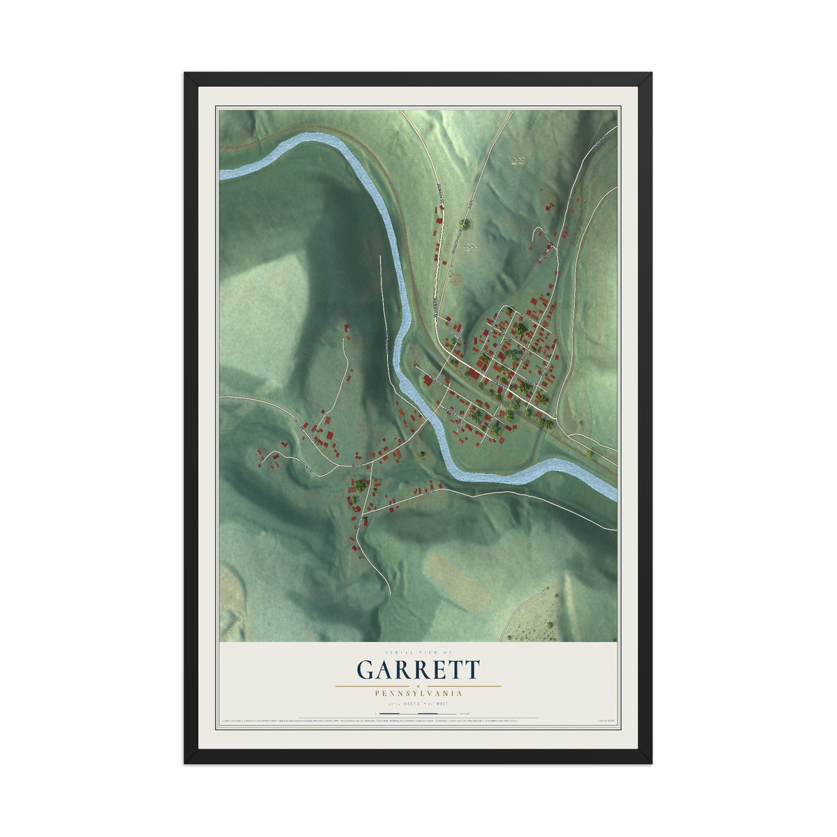 Map of Garrett, Pennsylvania, 12 x 18 inch print in a black wood frame