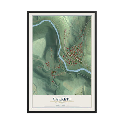 Map of Garrett, Pennsylvania, 12 x 18 inch print in a black wood frame
