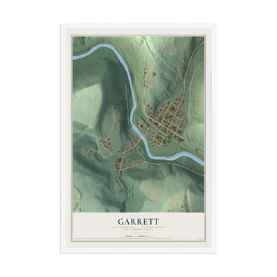 Map of Garrett, Pennsylvania, 12 x 18 inch print in a white wood frame