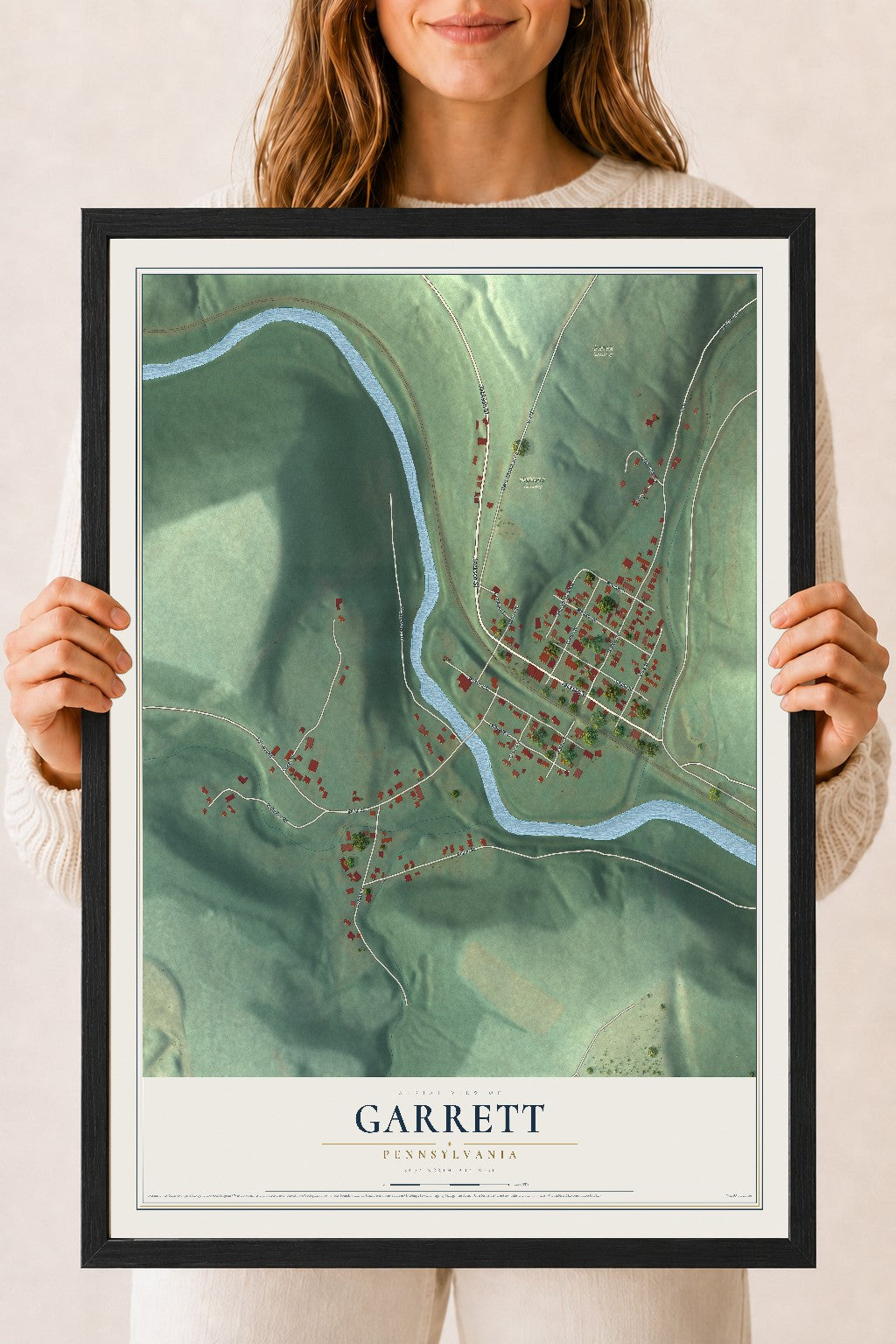 Map of Garrett, Pennsylvania, 18 x 24 inch print in a black wood frame