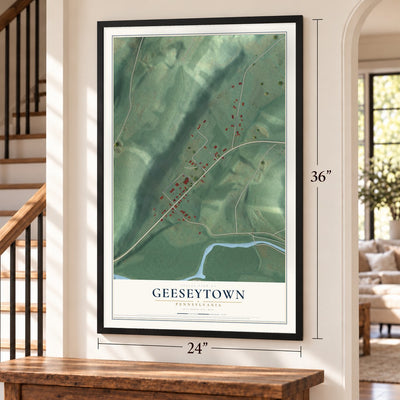 Geeseytown, Pennsylvania map, 24 x 36 inch print in a black frame by a staircase