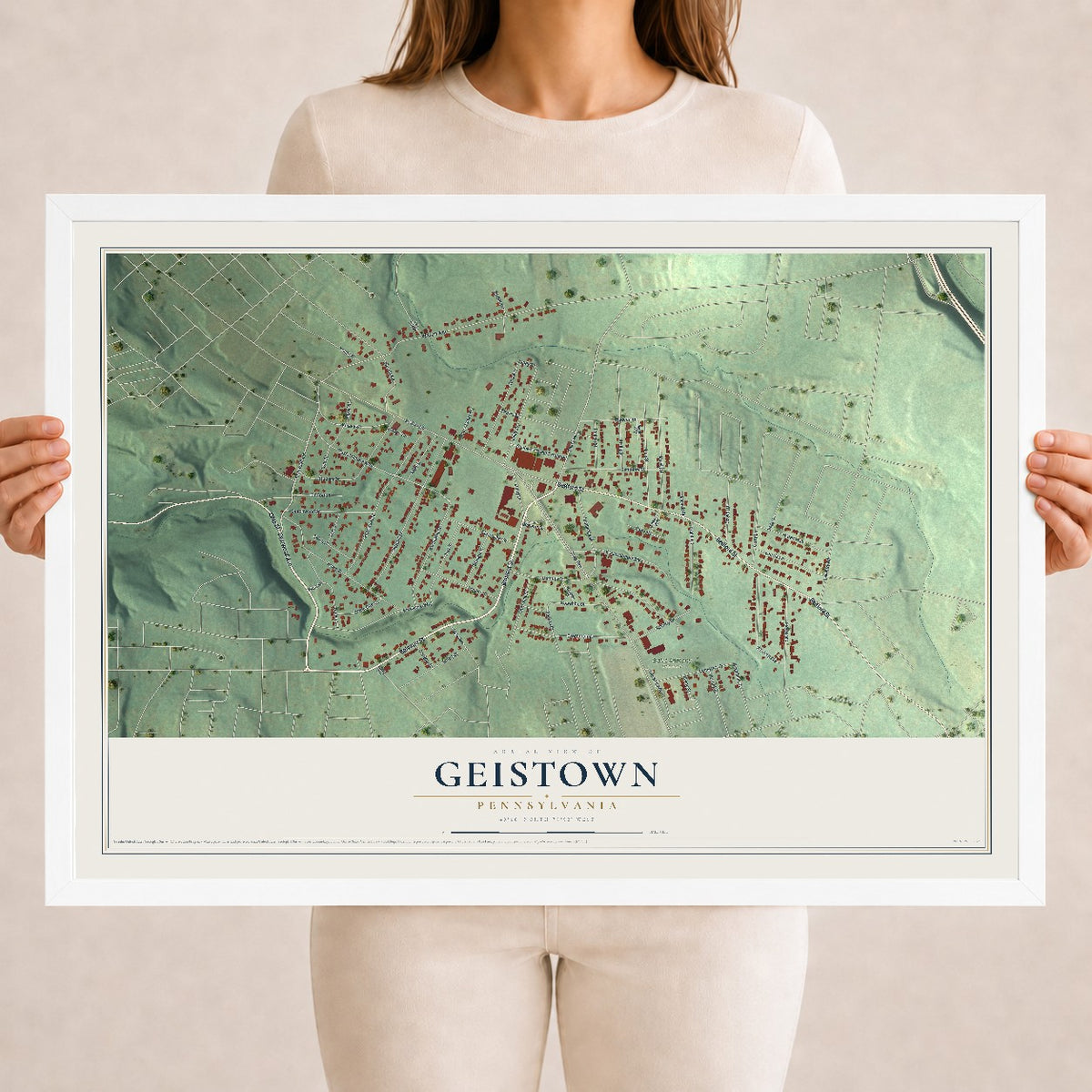 Map of Geistown, Pennsylvania, 18 x 24 inch print in a white wood frame
