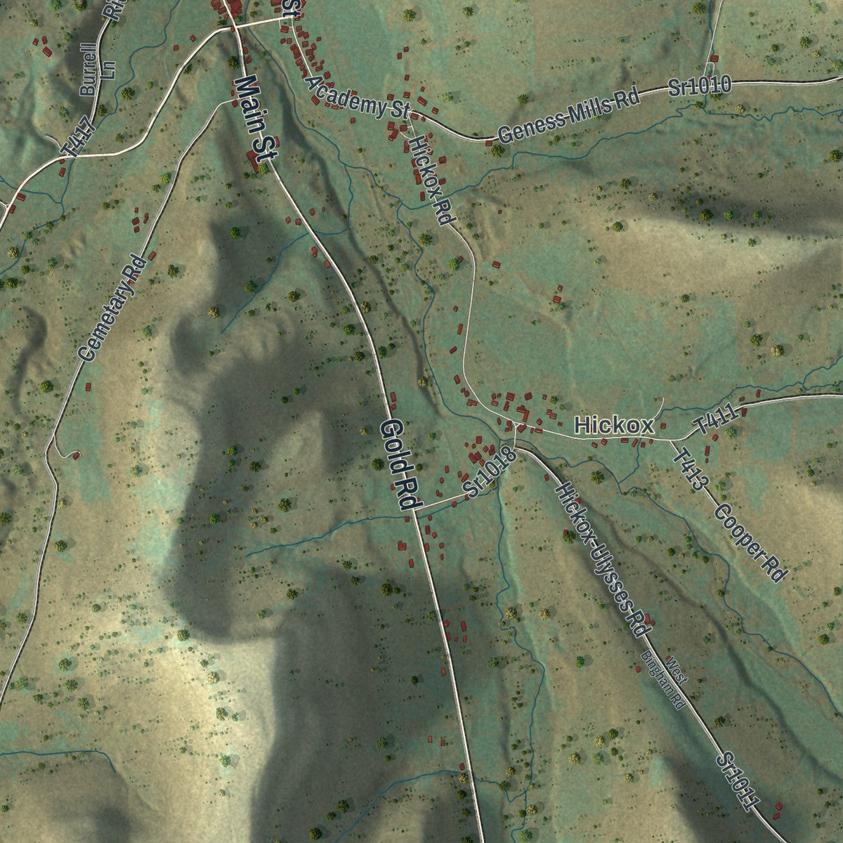 Second close-up of the map of Genesee, Pennsylvania print showing more streets and buildings