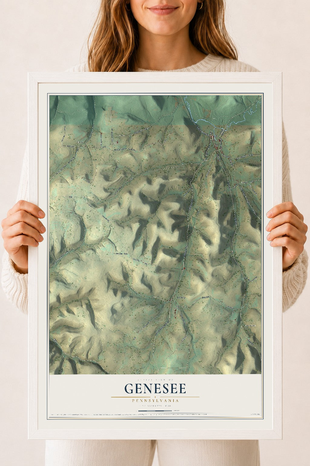 Map of Genesee, Pennsylvania, 18 x 24 inch print in a white wood frame