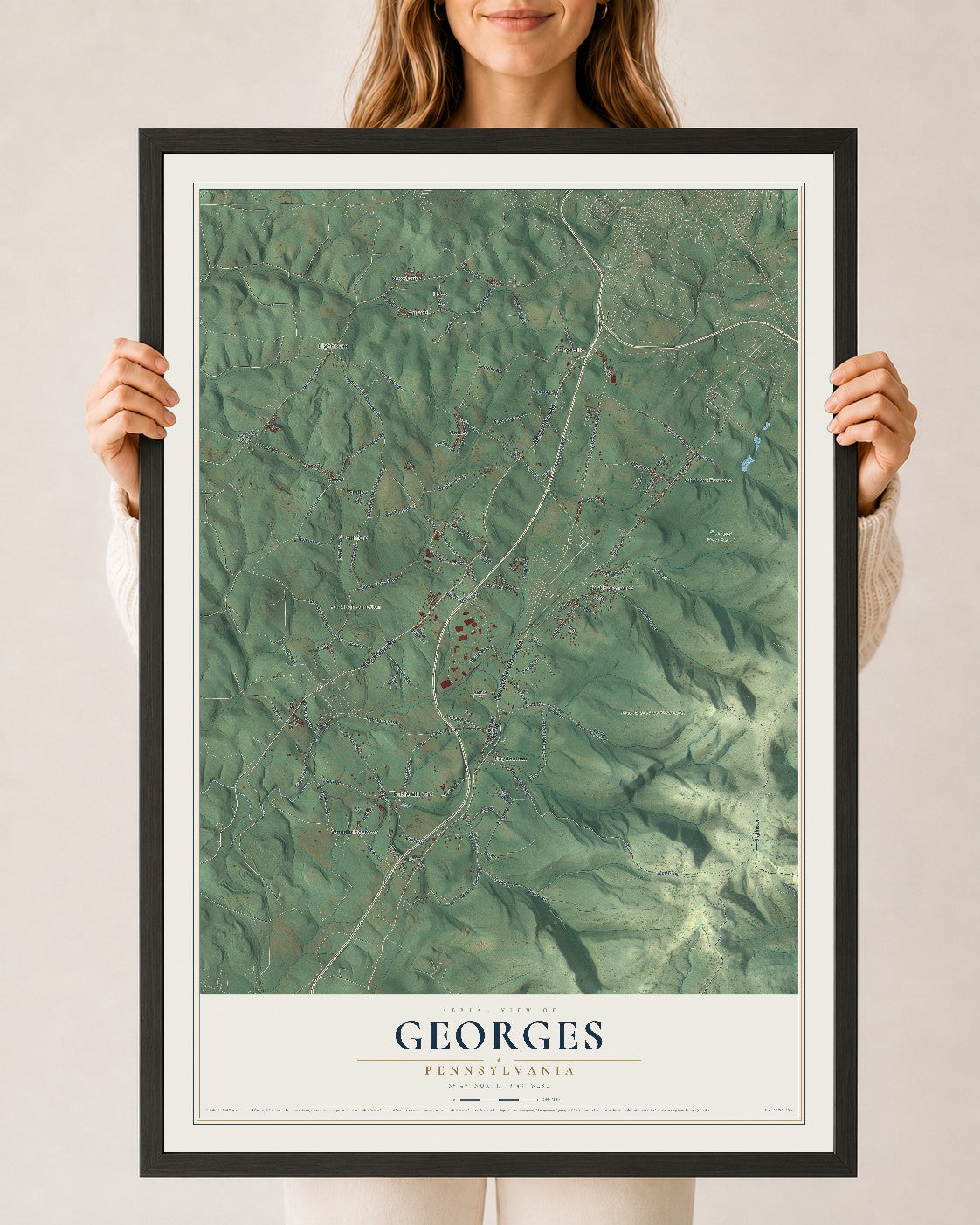 Map of Georges, Pennsylvania, 24 x 36 inch print in a black wood frame