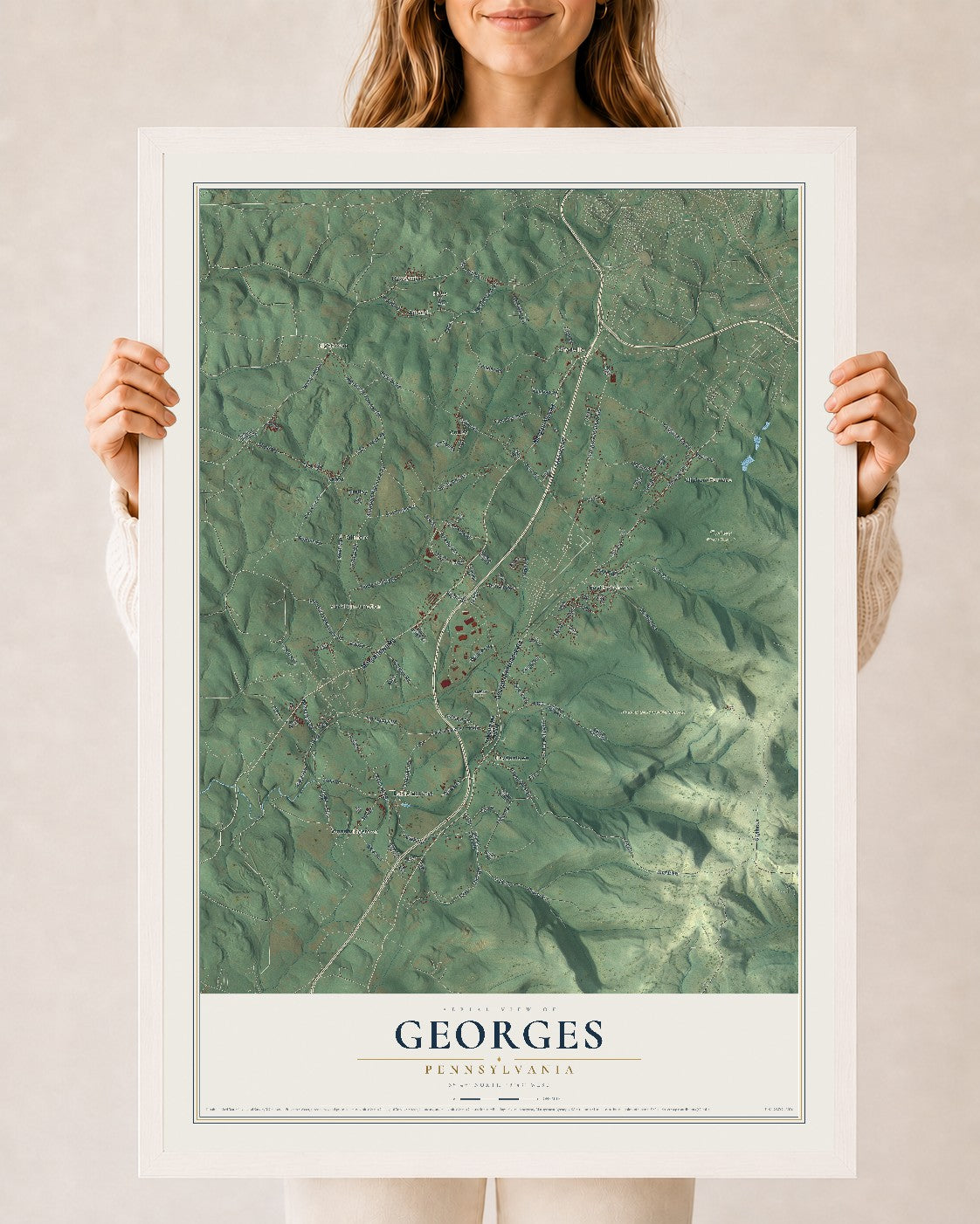 Map of Georges, Pennsylvania, 24 x 36 inch print in a white wood frame