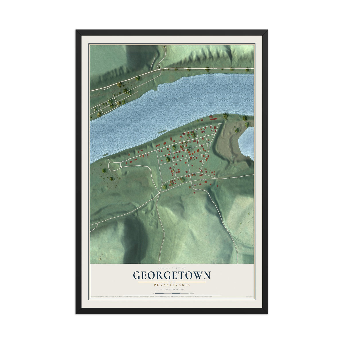 Map of Georgetown, Pennsylvania, 12 x 18 inch print in a black wood frame