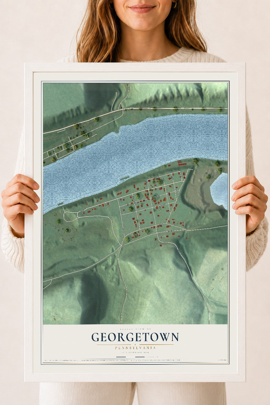 Map of Georgetown, Pennsylvania, 18 x 24 inch print in a white wood frame