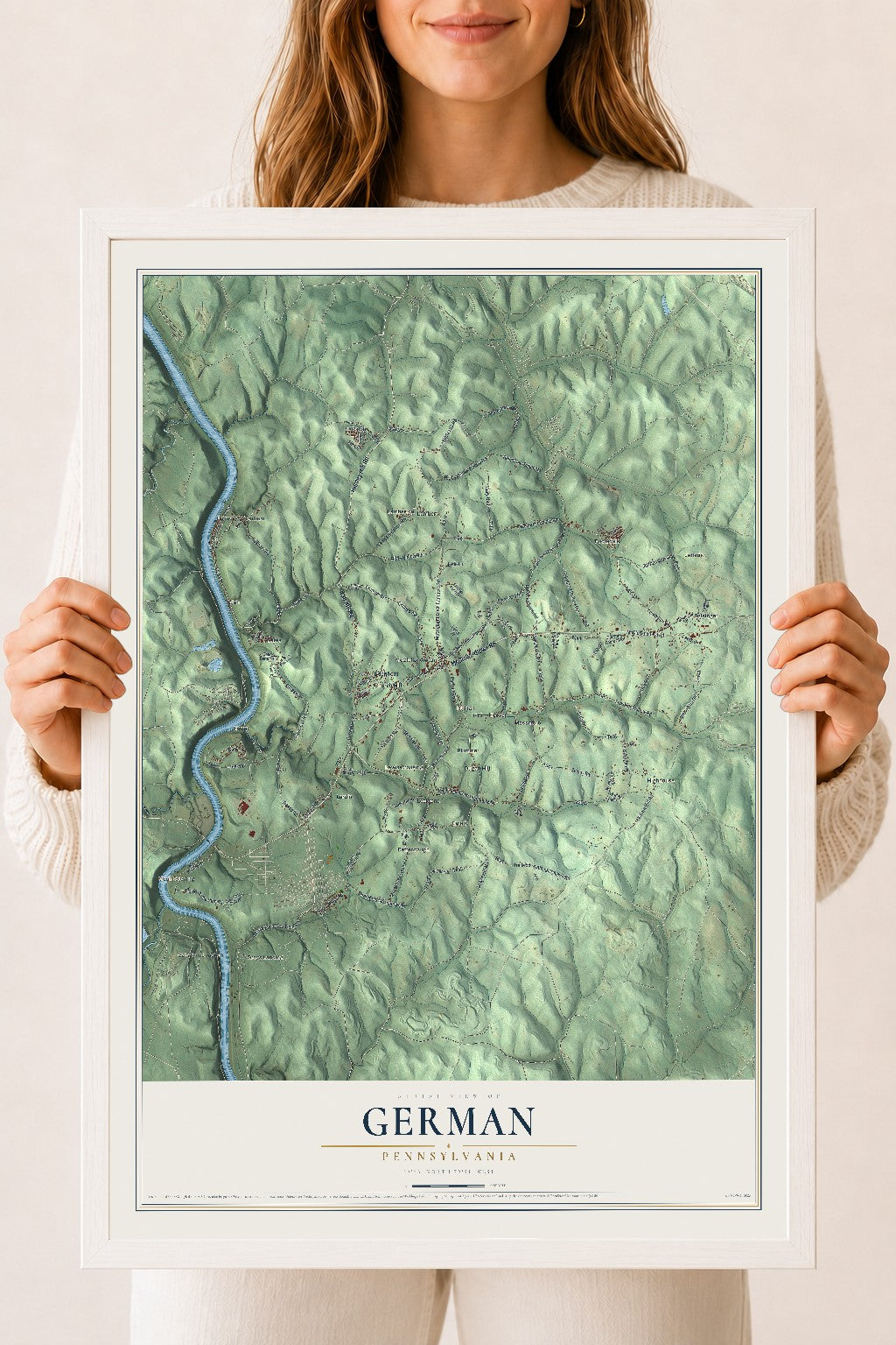 Map of German, Pennsylvania, 18 x 24 inch print in a white wood frame