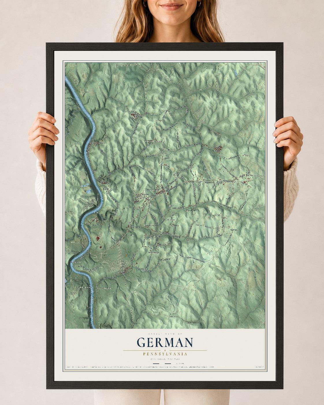 Map of German, Pennsylvania, 24 x 36 inch print in a black wood frame