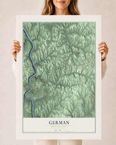 Map of German, Pennsylvania, 24 x 36 inch print in a white wood frame