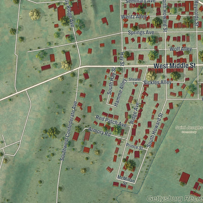 Second close-up of the map of Gettysburg, Pennsylvania print showing more streets and buildings