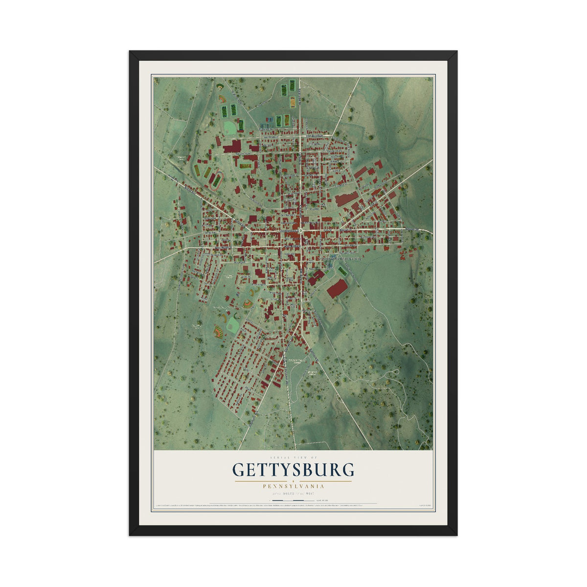 Map of Gettysburg, Pennsylvania, 12 x 18 inch print in a black wood frame