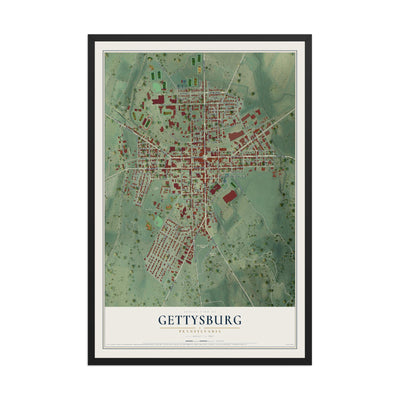 Map of Gettysburg, Pennsylvania, 12 x 18 inch print in a black wood frame