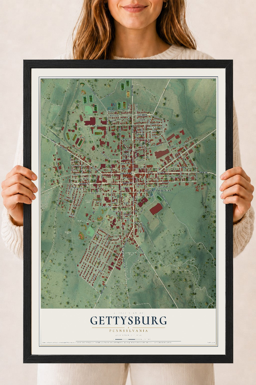 Map of Gettysburg, Pennsylvania, 18 x 24 inch print in a black wood frame