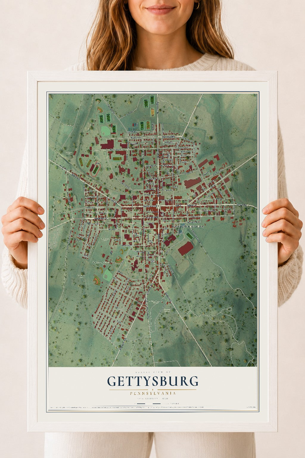 Map of Gettysburg, Pennsylvania, 18 x 24 inch print in a white wood frame