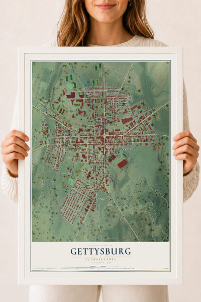 Map of Gettysburg, Pennsylvania, 18 x 24 inch print in a white wood frame