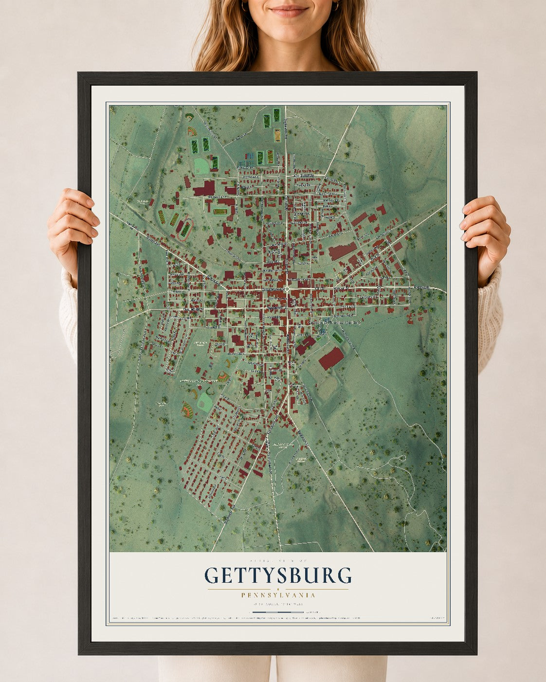 Map of Gettysburg, Pennsylvania, 24 x 36 inch print in a black wood frame