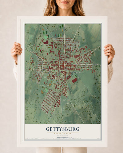Map of Gettysburg, Pennsylvania, 24 x 36 inch print in a white wood frame