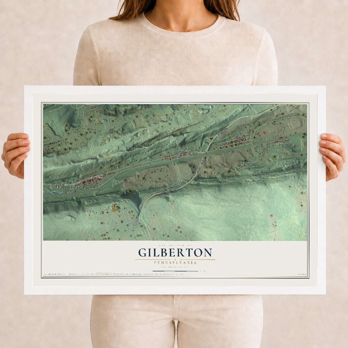 Map of Gilberton, Pennsylvania, 12 x 18 inch print in a white wood frame