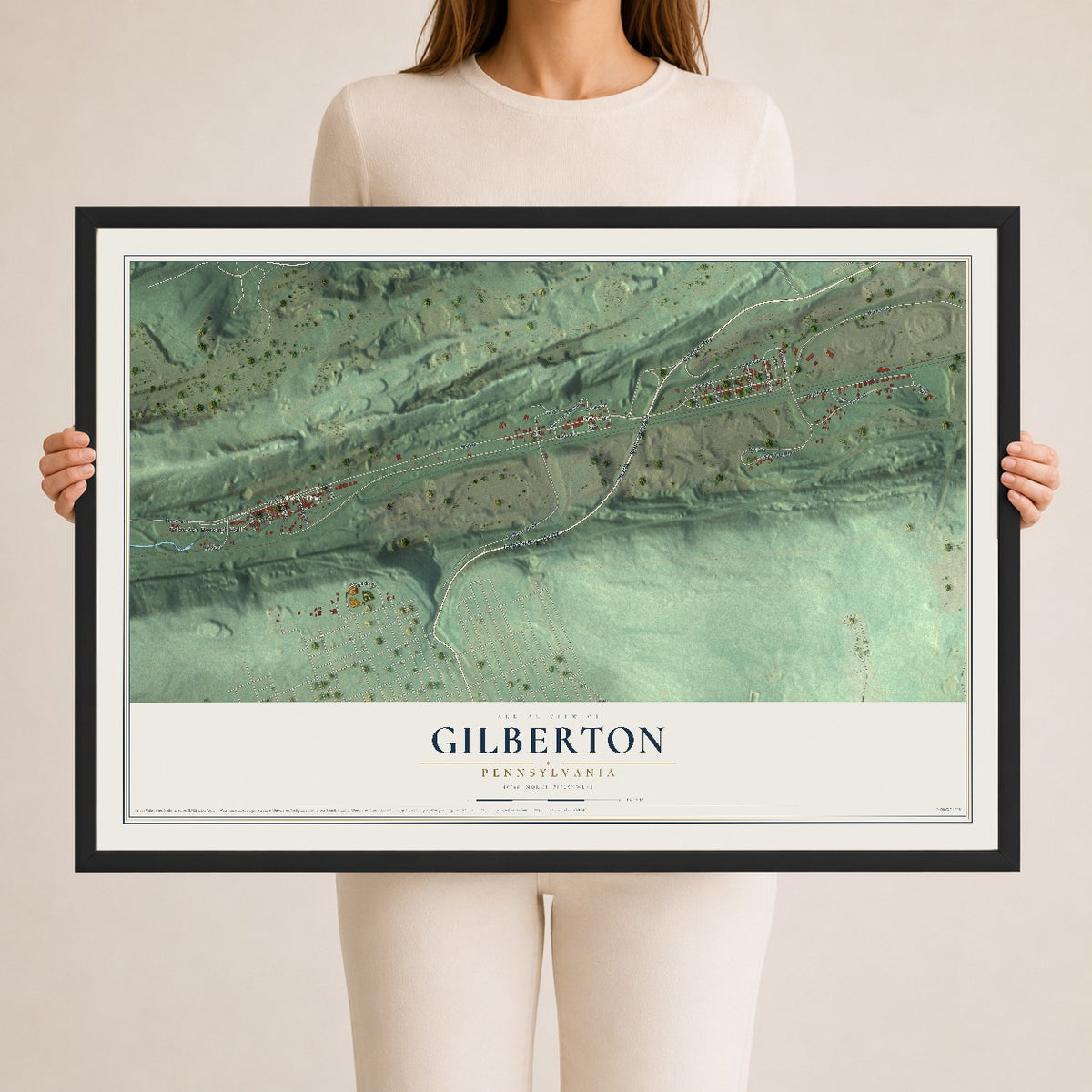 Map of Gilberton, Pennsylvania, 24 x 36 inch print in a black wood frame