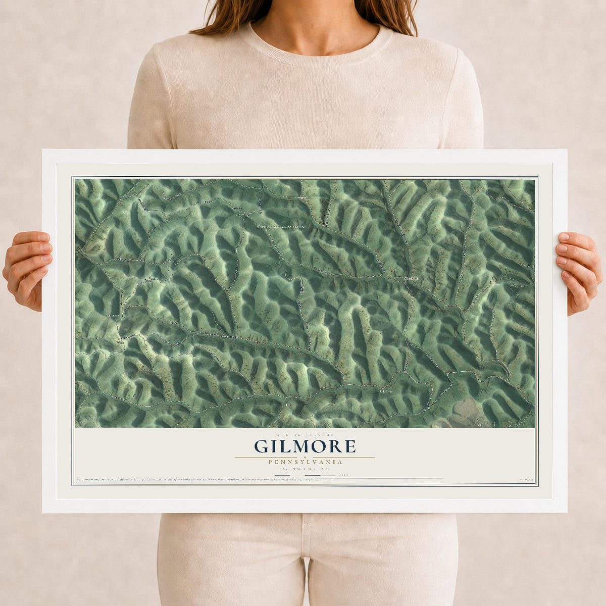 Map of Gilmore, Pennsylvania, 12 x 18 inch print in a white wood frame