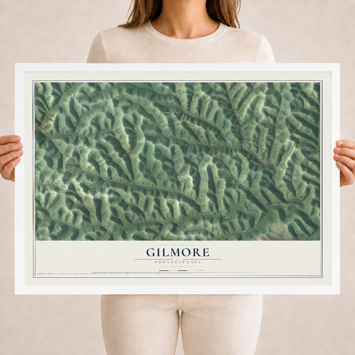 Map of Gilmore, Pennsylvania, 18 x 24 inch print in a white wood frame