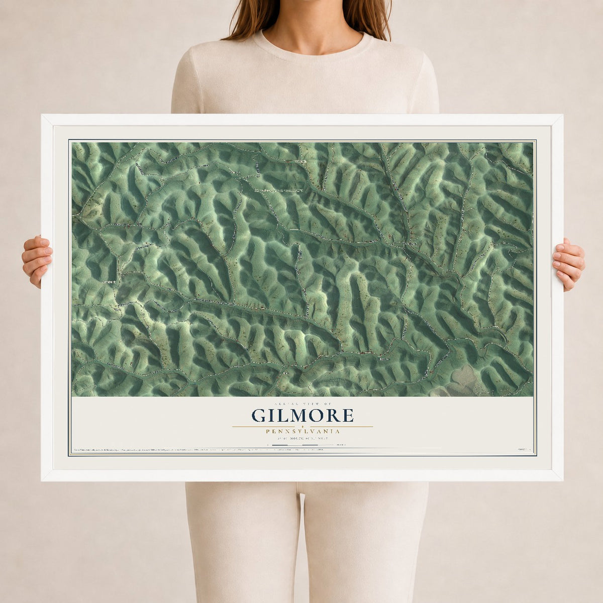 Map of Gilmore, Pennsylvania, 24 x 36 inch print in a white wood frame