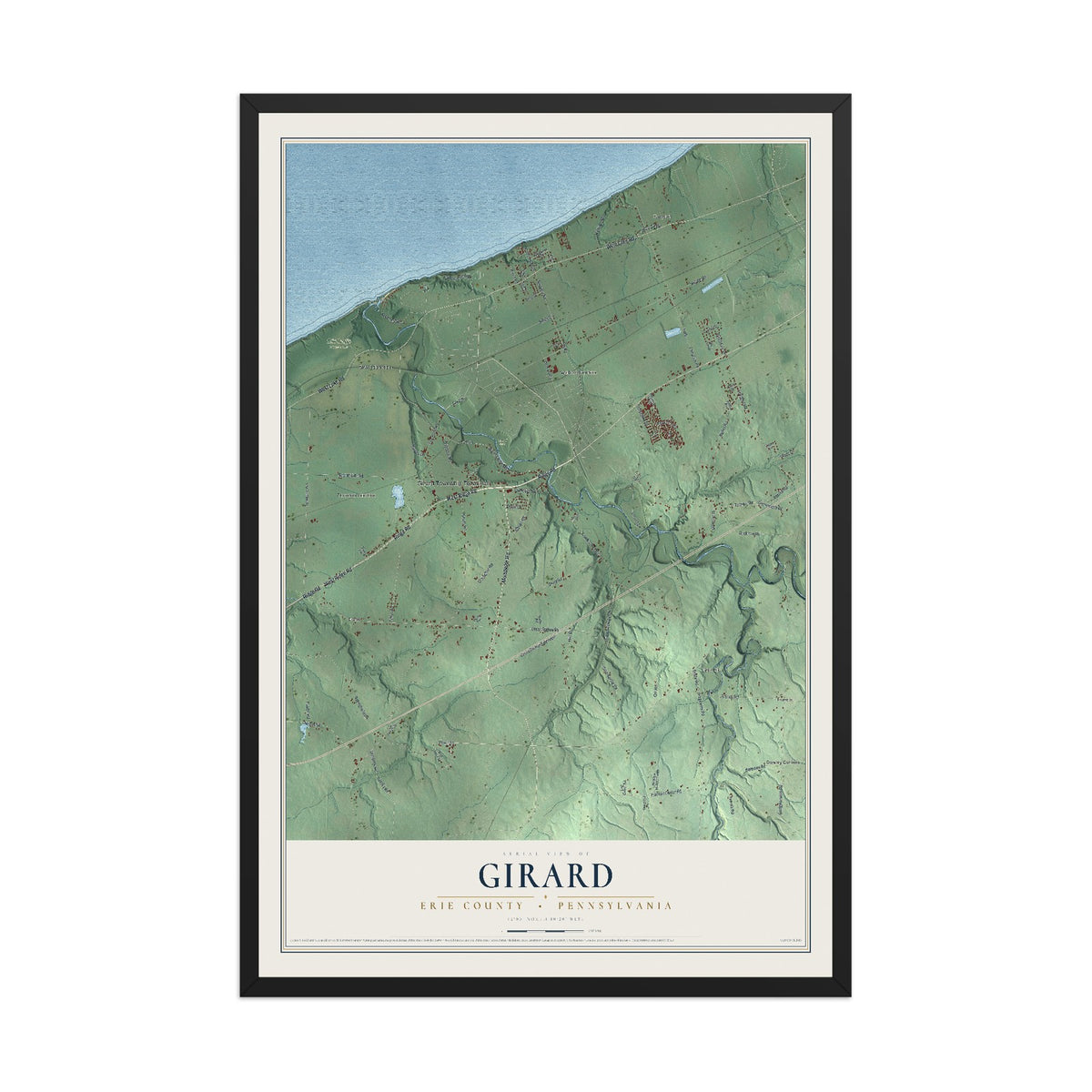 Map of Girard, Erie County, Pennsylvania, 12 x 18 inch print in a black wood frame
