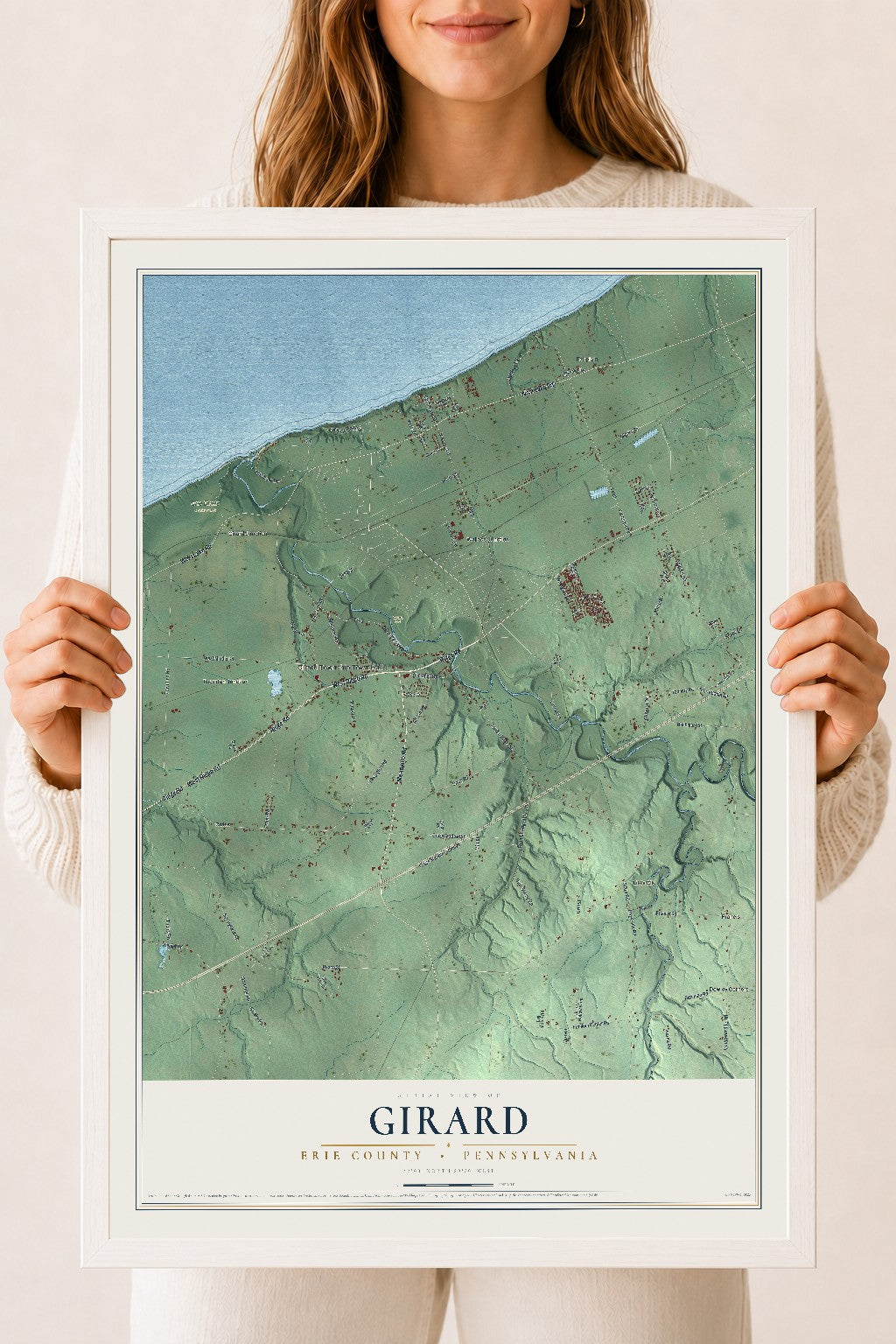 Map of Girard, Erie County, Pennsylvania, 18 x 24 inch print in a white wood frame