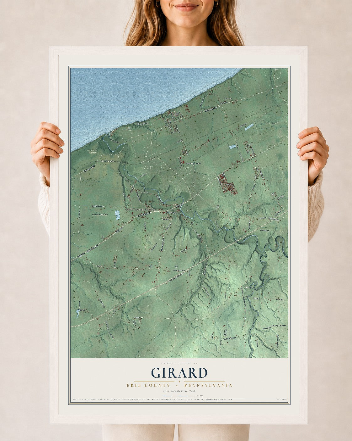 Map of Girard, Erie County, Pennsylvania, 24 x 36 inch print in a white wood frame
