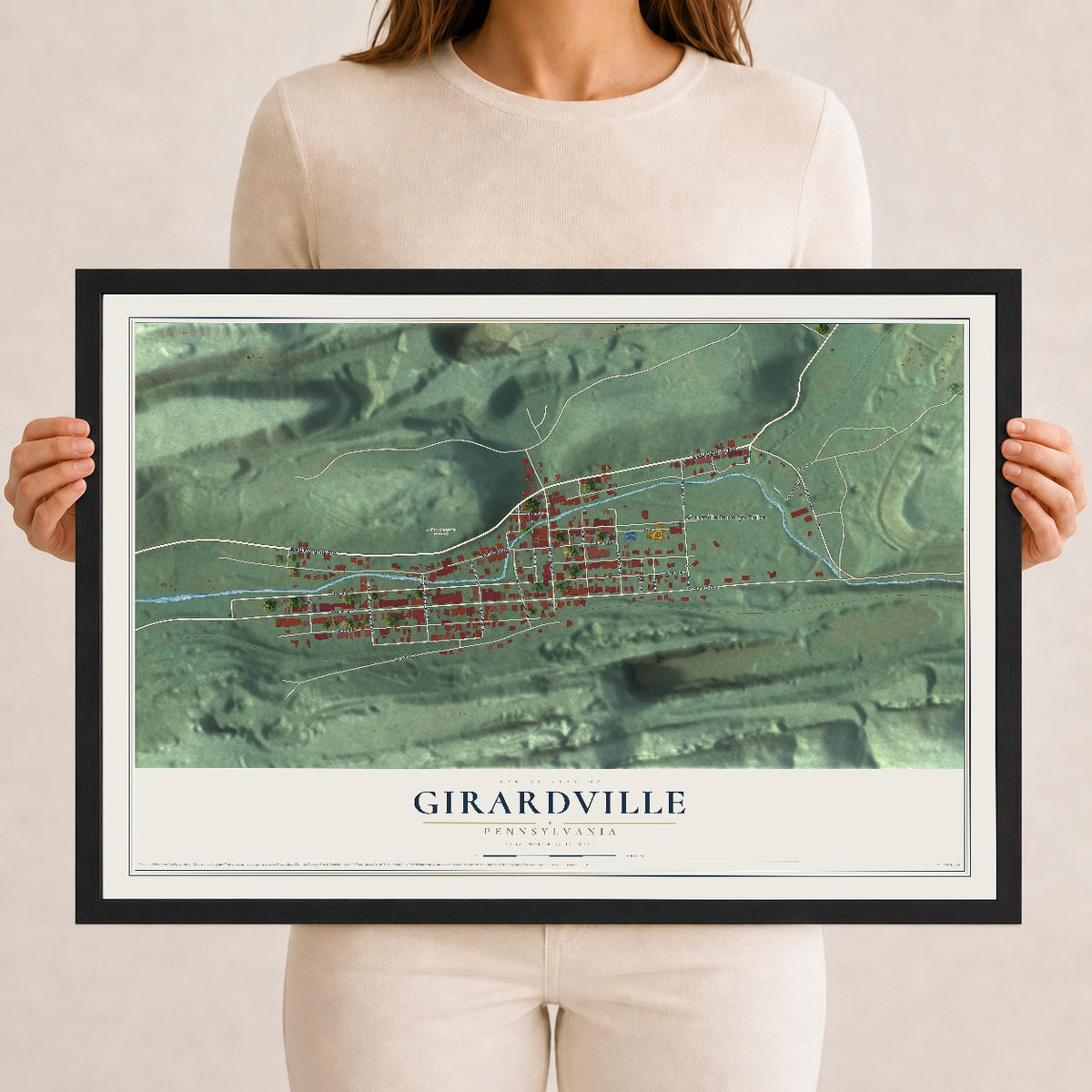Map of Girardville, Pennsylvania, 12 x 18 inch print in a black wood frame