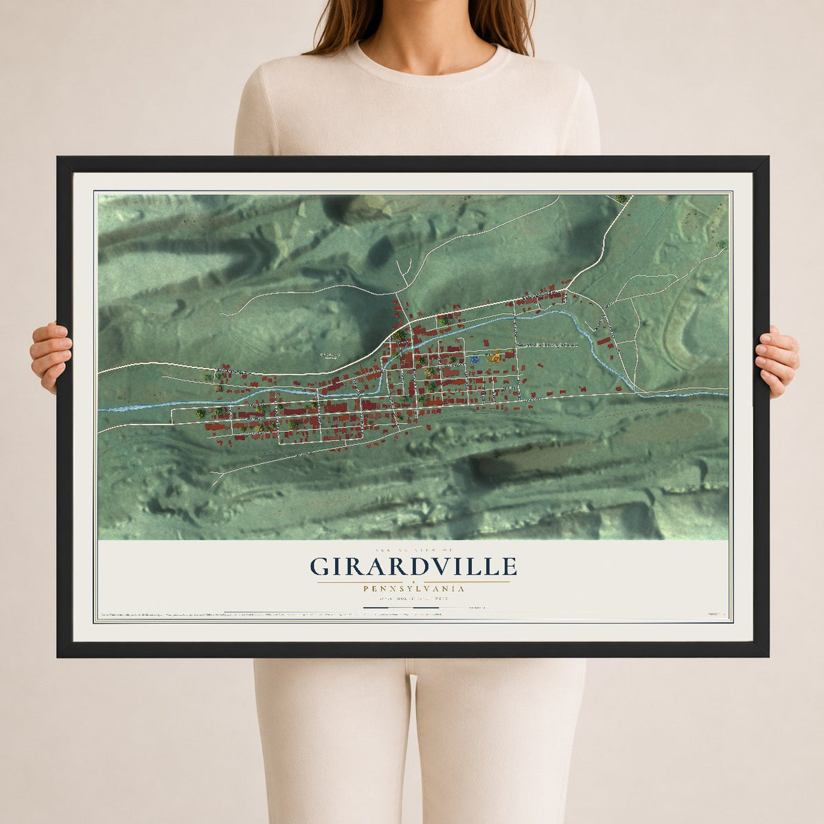 Map of Girardville, Pennsylvania, 24 x 36 inch print in a black wood frame